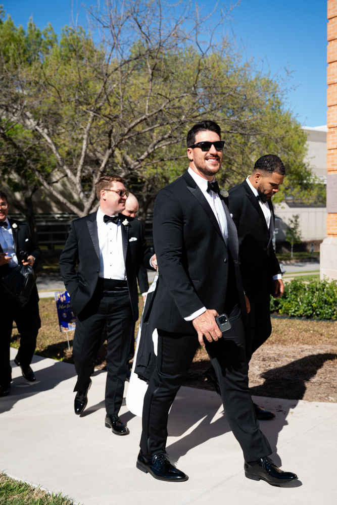 Groomsmen toast in tuxes, Claire and Jared's Fort Worth wedding