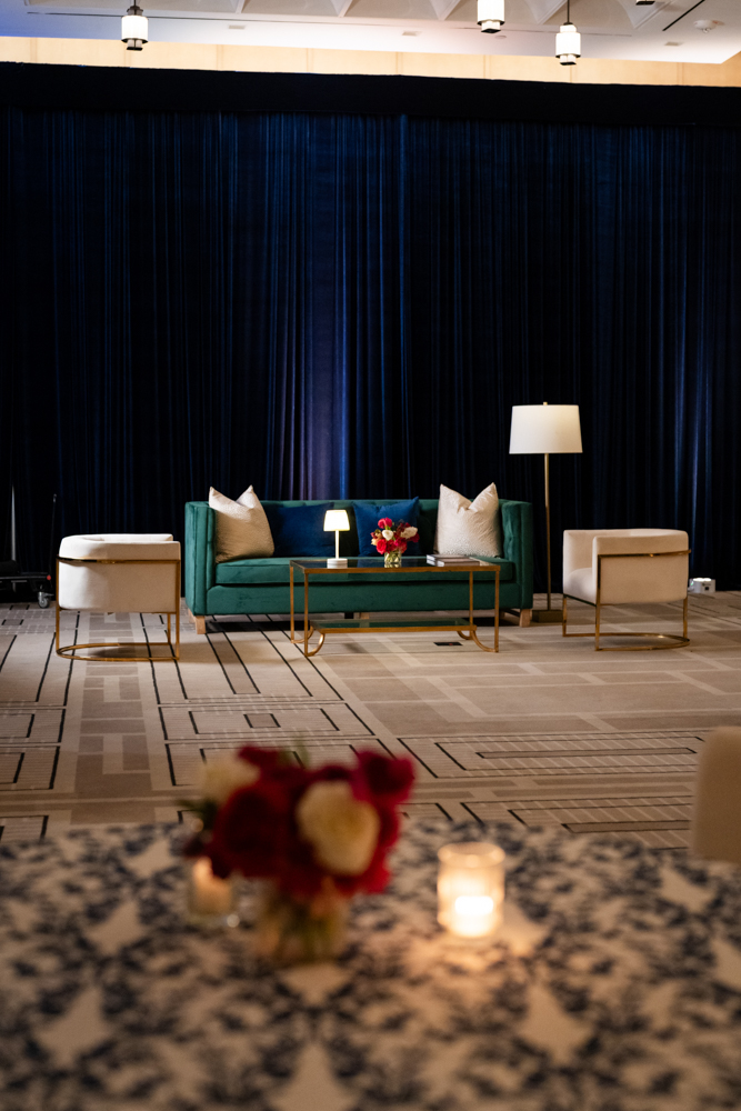 Navy linens and burgundy florals at The Crescent Hotel, Fort Worth wedding