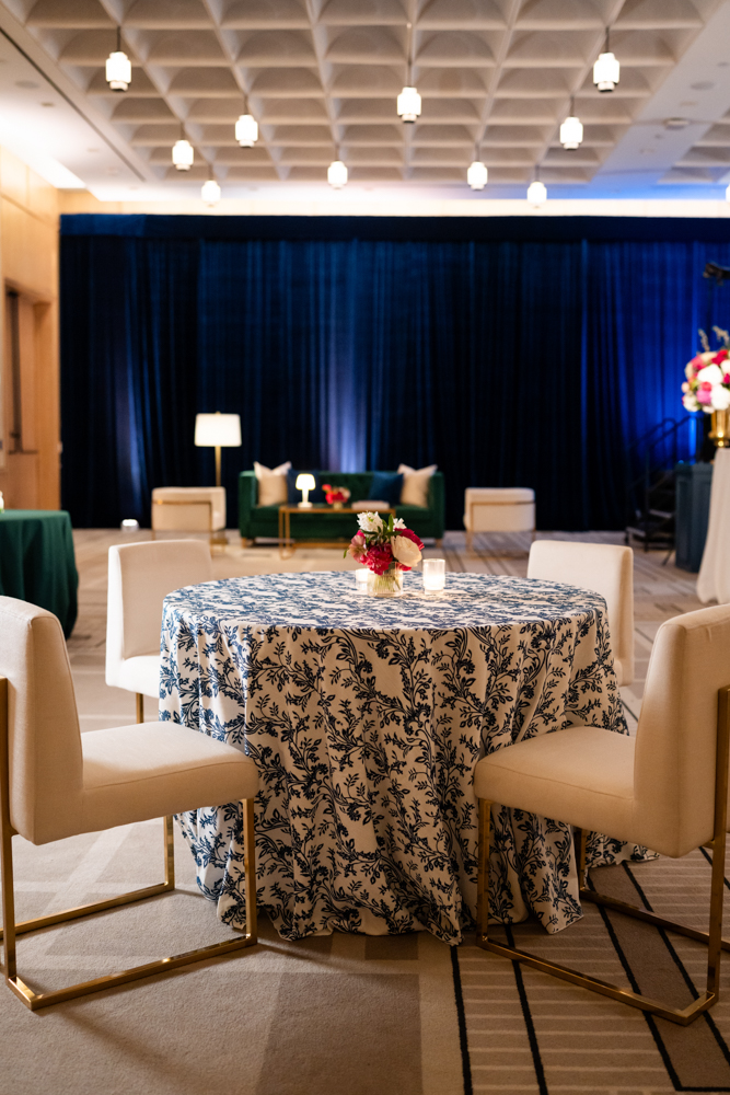 Blue velvet chairs and candlelight, Crescent Hotel wedding reception