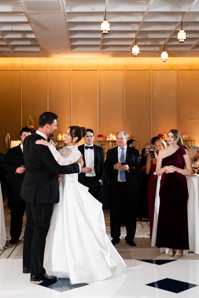 Navy linens and burgundy florals at The Crescent Hotel, Fort Worth wedding