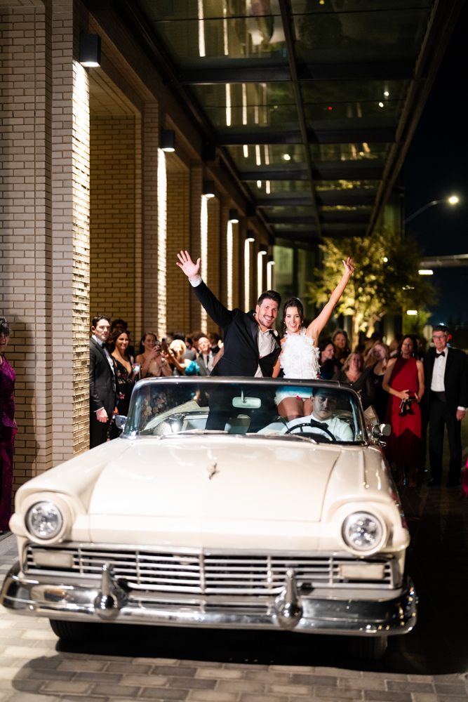 The couple's vintage-car getaway, Claire and Jared's Fort Worth wedding