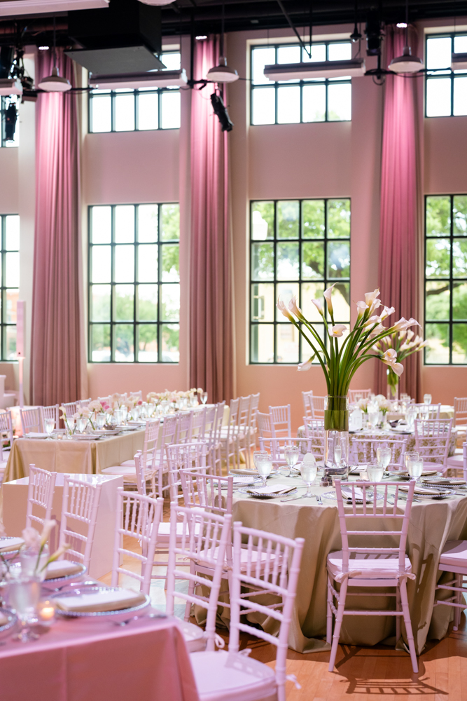 The reception at McDavid Studio in white, green, and pink