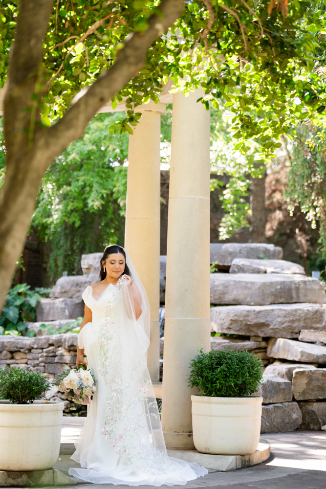 Soft garden light on Caroline's gown at the Fort Worth Botanic Garden