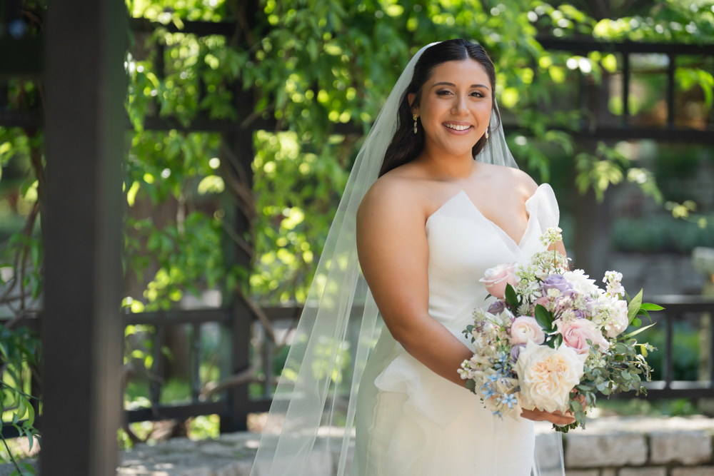 Soft garden light on Caroline's gown at the Fort Worth Botanic Garden
