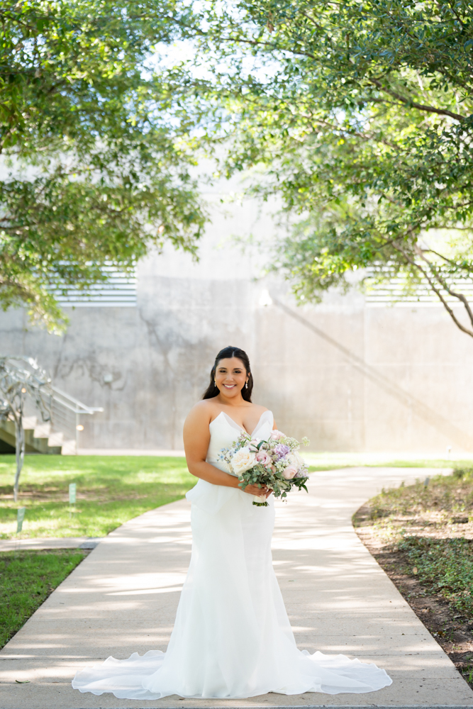 Soft garden light on Caroline's gown at the Fort Worth Botanic Garden