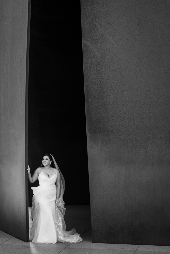 A striking modern bridal portrait of Caroline at the Modern Art Museum