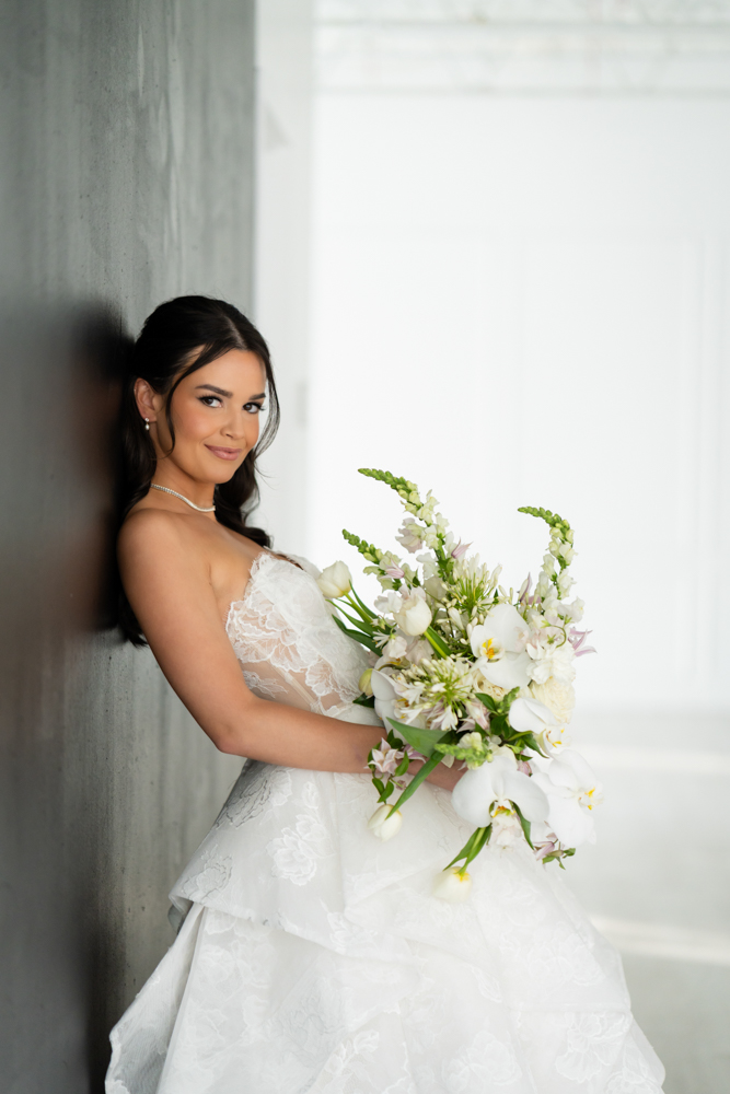 Elegant full-length bridal portrait of Hannah in the studio at The Lumen Room