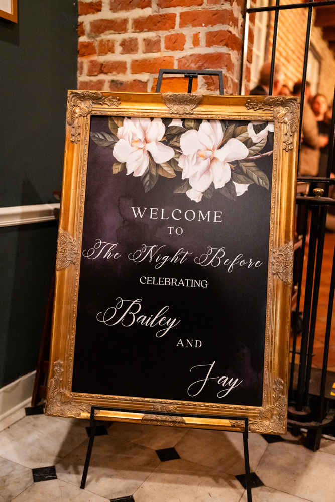 Guests mingling at Broussard's during Bailey and Jay's rehearsal dinner