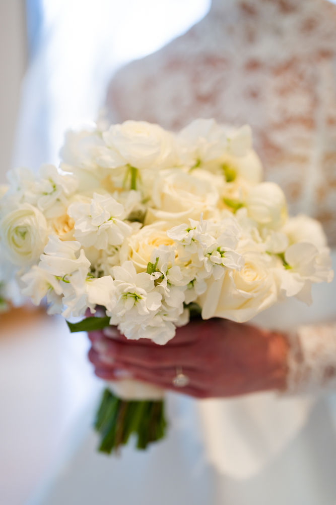 Close-up of Claire's white bridal bouquet, The Crescent Hotel Fort Worth
