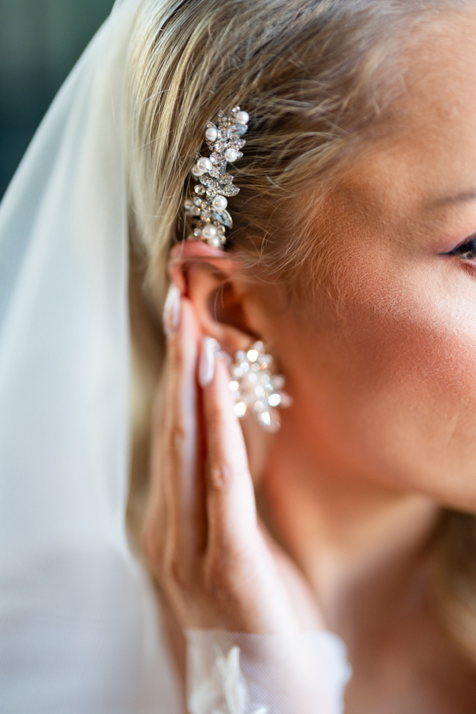 Statement earring detail from Libby's Fort Worth Club bridal portraits