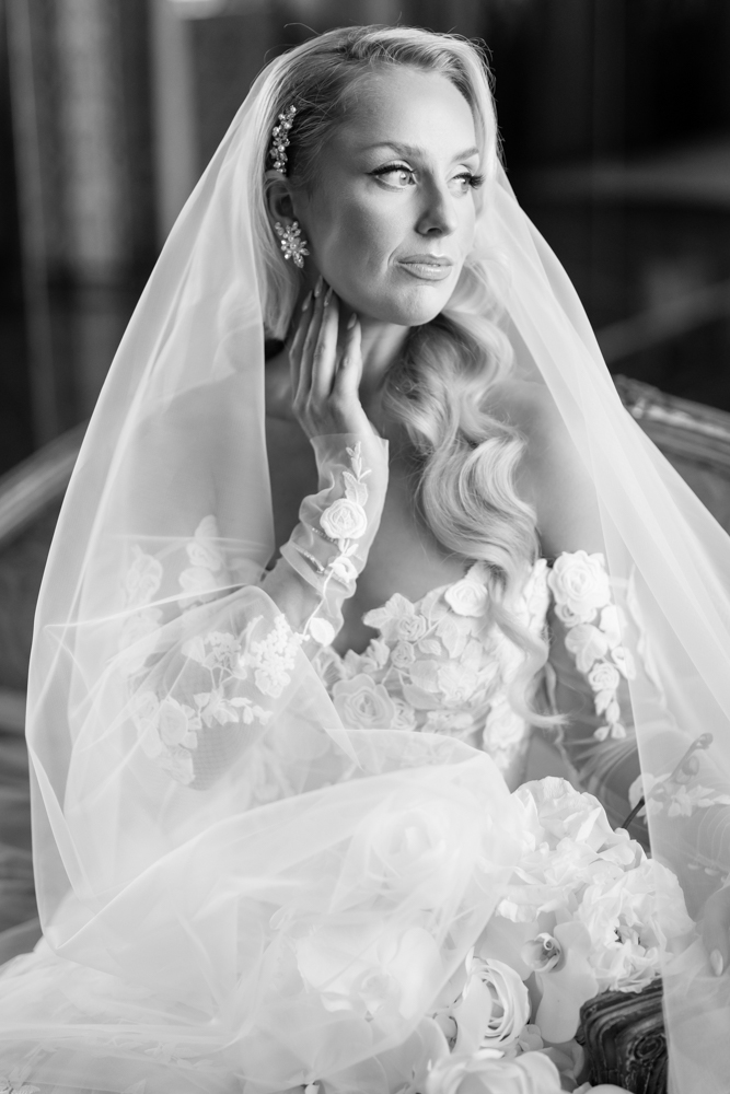 Black and white veil close-up, Fort Worth Club bridal portraits