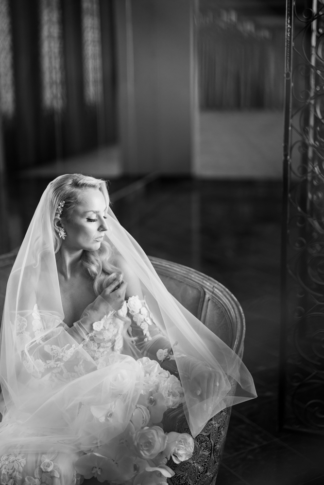 Black and white bridal portrait with veil, The Fort Worth Club