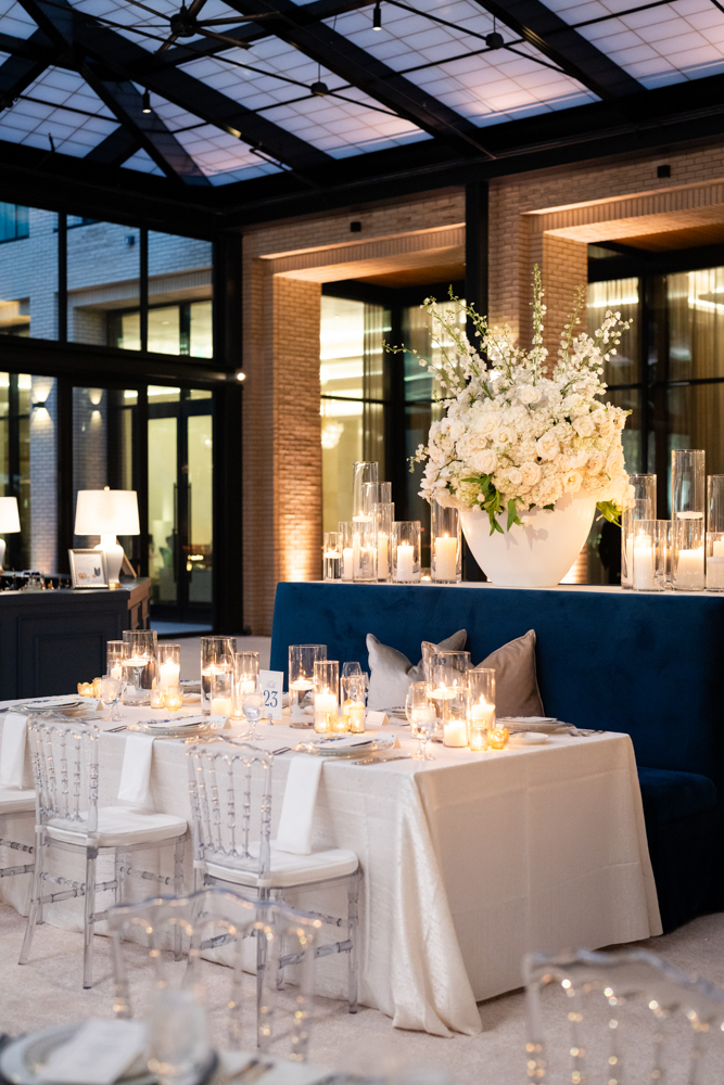 the crescent fort worth hotel wedding reception details in their atrium with blue and white design inspiration by Tracy Autem Photography