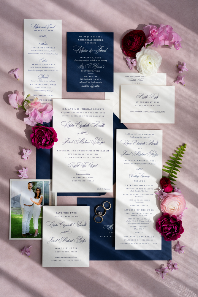 Navy and burgundy wedding invitation suite for a Fort Worth wedding